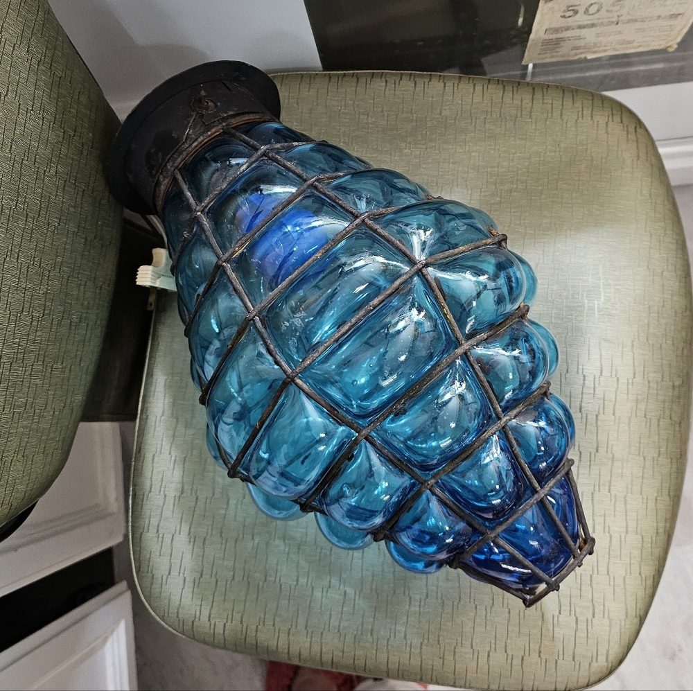 Vintage Blue Handblown Caged Glass Pendant Light